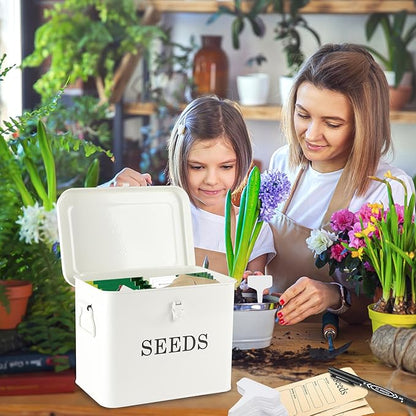 Seed Storage Organizer, T-Shape Compartment Seed Box with Safety Lock, Metal Seed Saving Box, Portable Seed Bin Container with Handle, Including 2 Pens 20 Plant Labels 50 Seed Envelopes-White