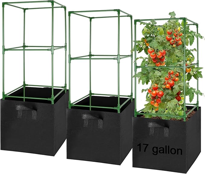 ANPHSIN 3 Sets Tomato Cages with 17 Gallon Grow Bags, 46'' Heavy-Duty Plant Support Trellis Tomato Planter Pots Kit, Garden Vegetables Cucumber Flowers Vertical Climbing Plants Vines