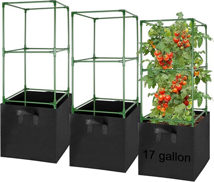 ANPHSIN 3 Sets Tomato Cages with 17 Gallon Grow Bags, 46'' Heavy-Duty Plant Support Trellis Tomato Planter Pots Kit, Garden Vegetables Cucumber Flowers Vertical Climbing Plants Vines
