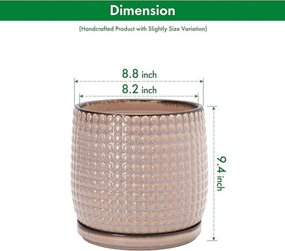 D'vine Dev 8 Inch Ceramic Beaded Stoneware Planter Pot - Flower Pot with Drainage Holes and Saucers for Indoor Succulent Plants or Flowers, Light Brown, 27-C-Q-4