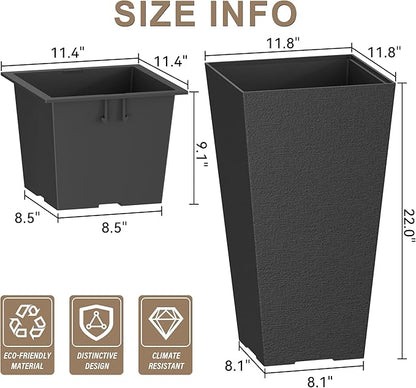 Kante 22 Inch Tall Planter Set of 2, Large Taper Planter for Outdoor Indoor Garden Patio Front Door (Black)