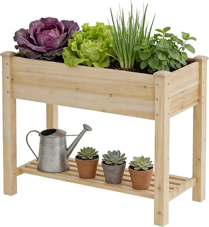 Raised Garden Bed with Legs, Wooden Raised Garden Bed with Storage Shelf, 34x18x30.7in, Elevated Wood Planter Box for Vegetables Flowers Herbs, Garden Planter for Backyard Patio Balcony (Natural, S)