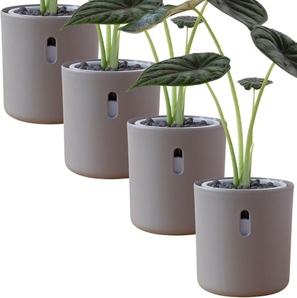 Self Watering Pot for Leca and Pon, Semi Hydroponic Planter for Indoor Plants, Clear Inner Pot & Water Level Indicator (Grey (4-Pack), 4 inch)
