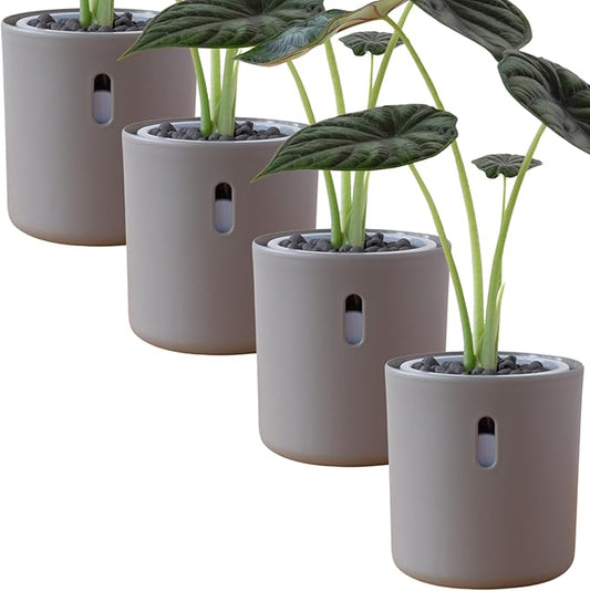 Self Watering Pot for Leca and Pon, Semi Hydroponic Planter for Indoor Plants, Clear Inner Pot & Water Level Indicator (Grey (4-Pack), 4 inch)