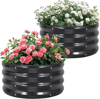 Galvanized Raised Garden Bed- 2Pcs Metal Planter Boxes Outdoor | 12" Tall 24" Round Steel Raised Bed Kit & Fire Pit Ring for Gardening with Protective Tape for Vegetables, Flower (Grey)