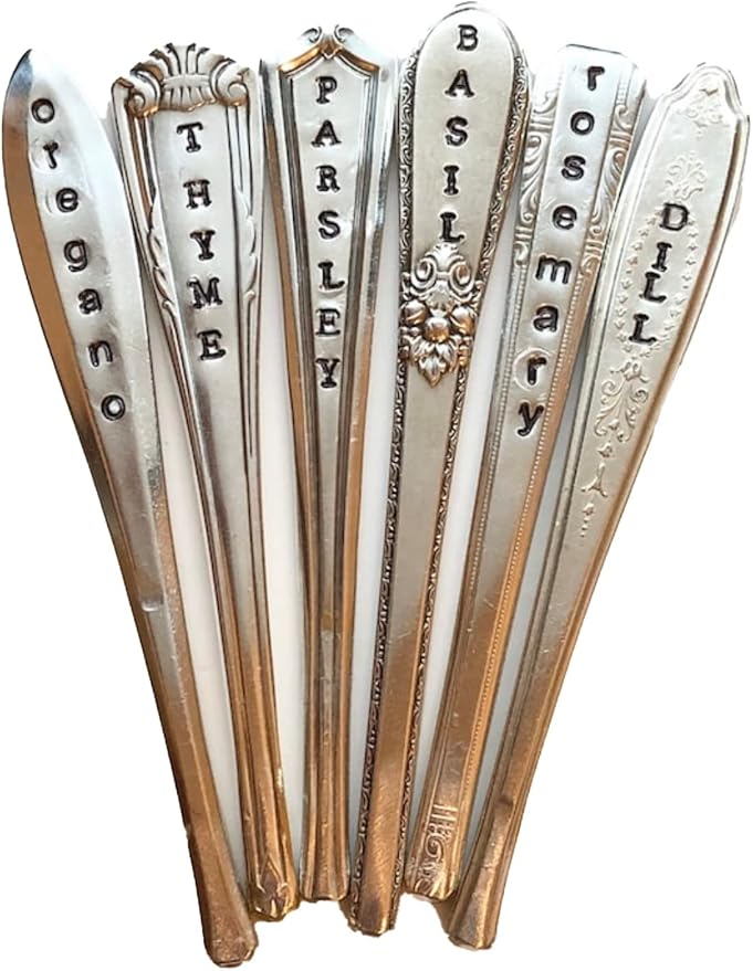 Herb Markers Set of 6 GARDEN stakes Made From Vintage Spoon Handles Oregano, Basil, Parsley, Rosemary, Thyme, Dill. Garden Markers Herb Labels