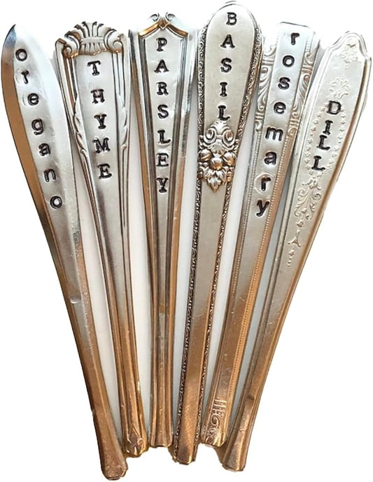 Herb Markers Set of 6 GARDEN stakes Made From Vintage Spoon Handles Oregano, Basil, Parsley, Rosemary, Thyme, Dill. Garden Markers Herb Labels
