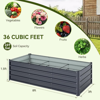 Ohuhu Metal Raised Garden Bed Outdoor 8x3x1.5 FT Reinforced Galvanized Rustproof Colored Steel Planter Boxes for Vegetables, Heavy Duty Raised Beds for Growing Flowers Herbs Succulents 2-Pack
