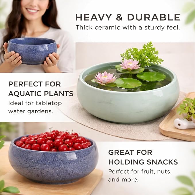 2 Pack Lotus Bowl Planter, Large 7.5'' & Small 6.5'' Shallow Ceramic Water Planting Pot, Drainage-Free Hydroponic Bowl for Lotus Seeds, Ikebana, Succulents & Water Lilies (Sky&Star Series)