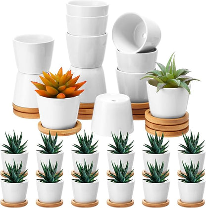 Hsei 24 Pack 2.5 Inch Mini Succulent Plant Pots Valentine's Small Ceramic Flower Pot with Bamboo Tray Garden Cactus Herb Container Home Office Decoration for Birthday Wedding Favor Gifts (White)