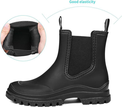 DKSUKO Rain Boots Women Waterproof Chelsea Boots Ankle Garden Shoes for Ladies Rubber Short Rainboots with Removable Comfort Insole for Outdoor Work Deck Mud Boots