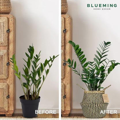 Blueming Wicker Plant Basket – Small 8-9 Inch Medium Seagrass Pot for Faux Olive Tree, Snake Plant or Houseplants, Black Decorative Planter for Home Decor