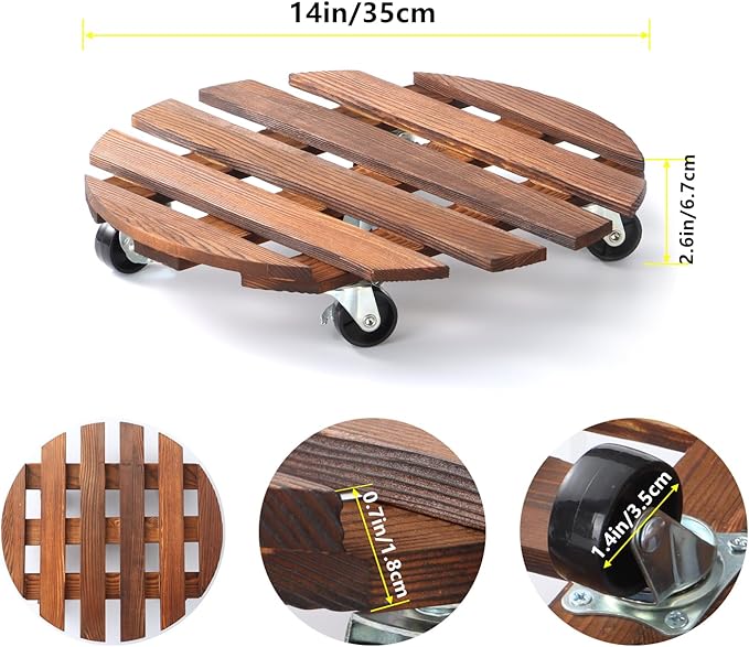 2 Pack 14" Plant Caddy with 5 Wheels, Rolling Plant Stand 220 LB Heavy Duty Wooden Round Plant Dolly with Metal 360° Lockable Caster Wheels for Outdoor Indoor Large Plant Pots, Flower Pot, Patio