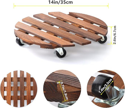 2 Pack 14" Plant Caddy with 5 Wheels, Rolling Plant Stand 220 LB Heavy Duty Wooden Round Plant Dolly with Metal 360° Lockable Caster Wheels for Outdoor Indoor Large Plant Pots, Flower Pot, Patio