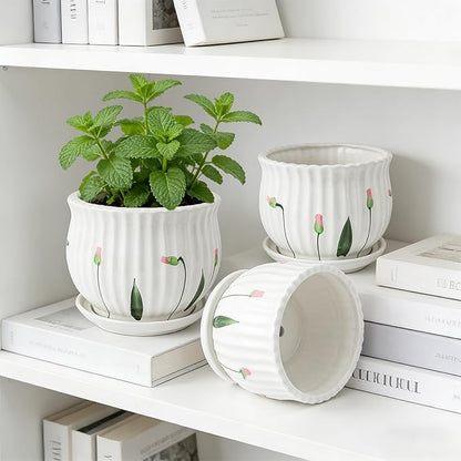 Plant Pots for Indoor Plants Set of 3, 4+5.3+6.7 Inch Ceramic Plant Pots with Drainage Hole，Cute Garden Pots Succulent Pots with Saucer