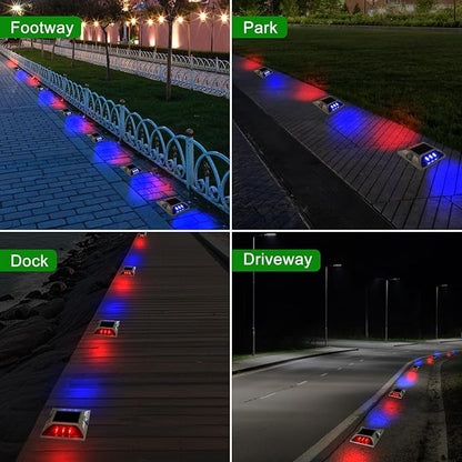 Aolyty Solar Driveway Lights Outdoor, Bright Solar Dock Lights, LED Warning Light Reflective Road Marker Steady Light IP65 Waterproof for Deck Sidewalk Stair Step Pathway (Red & Blue, 4 Pack)