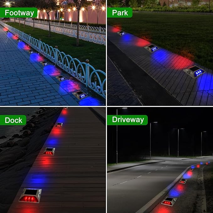 Aolyty Solar Driveway Lights Outdoor, Bright Solar Dock Lights, LED Warning Light Reflective Road Marker Steady Light IP65 Waterproof for Deck Sidewalk Stair Step Pathway (Red & Blue, 2 Pack)