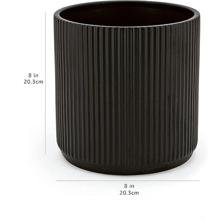 Amazon Basics Fluted Ceramic Round Planter with Drainage Hole, Indoor Outdoor Flower Pot, 8-inch, Black