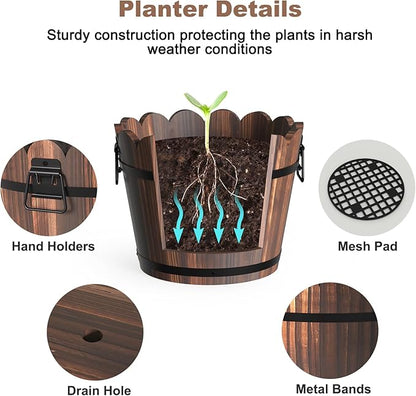 Wooden Bucket Barrel Planters, Rustic Patio Planters Flower Pots for Plants Indoor Décor, Set of 3