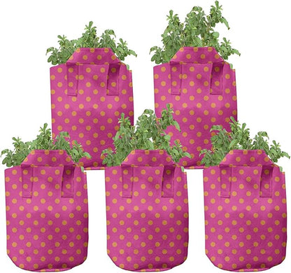 Ambesonne Pink and Orange Grow Bags 5-Pack, Polka Dots Design, Heavyduty Fabric Pots with Handles for Plants, Pink Orange