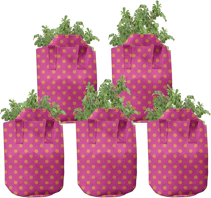 Ambesonne Colorful Grow Bags 5-Pack, Butterflies Bee Tulips, Heavyduty Fabric Pots with Handles for Plants, Cream Red