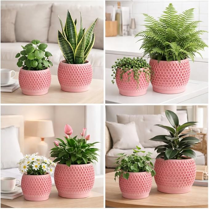 Plant Pots, Modern 3D Printed Honeycomb Planters for Indoor Plants, 4.7/6 Inch Cherry Pink Decorative Flower Pot for Office Desktop, Bookshelf & Home Decor, Lightweight & Durable.