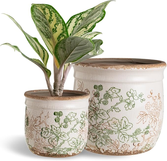 Set of 2 Ceramic Planters for Indoor Plants, 4.7+5.7 Inch Vintage Pots without Drainage Hole , Pastoral Rustic Planter Set, Decorative Ceramic Plant Pots for Flower, Indoor Planter Pots for Home Decor