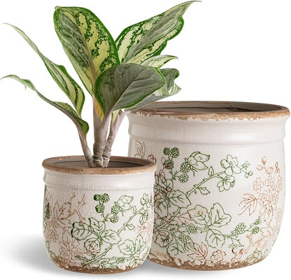 Set of 2 Ceramic Planters for Indoor Plants, 4.7+5.7 Inch Vintage Pots without Drainage Hole , Pastoral Rustic Planter Set, Decorative Ceramic Plant Pots for Flower, Indoor Planter Pots for Home Decor