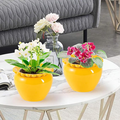 Yellow Lotus Flower Ceramic Self Watering Planter Pot, 5.3 x 4.58 x 4.7 inches, Absorbent, Indoor Outdoor, 2-Piece, Planter Type, 1.25 lbs