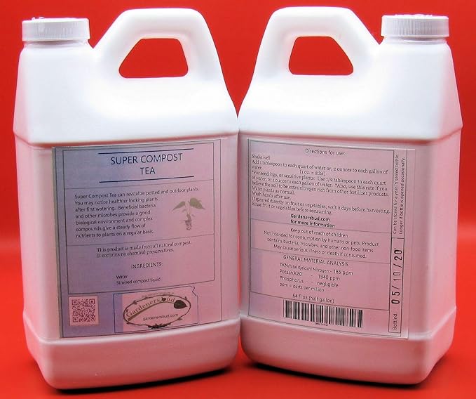 Super Compost Tea (128 oz - 1 Gallon, in Two Half Gallon Bottles) Natural and Organic for Plant Food, Nutrient, Fertilizer and Growth Efficiency
