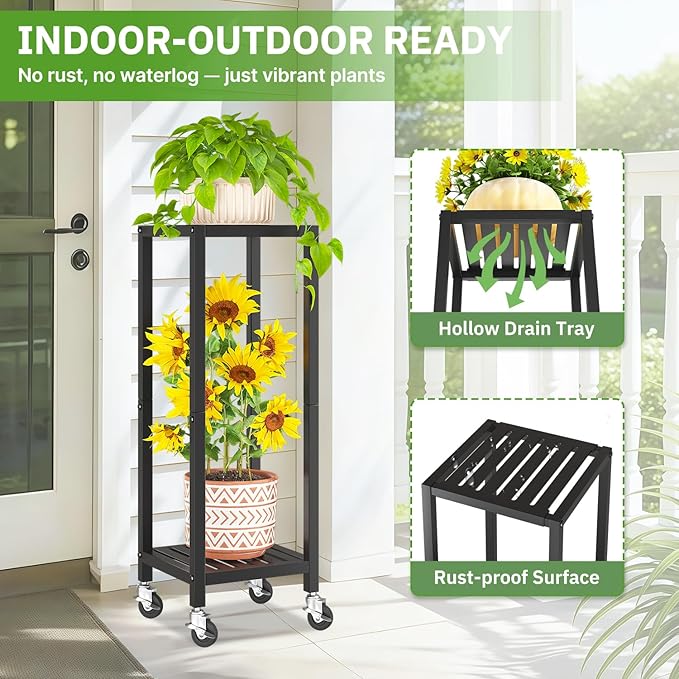 KMOTASUO 2 Tier Black Tall Plant Stand with Wheel for Indoor Outdoor, Heavy Duty Metal Multiple Large Planter Rack for Narrow Corner, Sturdy Iron Vertical Flower Holder for Modern House Patio Bathroom
