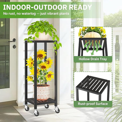 KMOTASUO 2 Tier Black Tall Plant Stand with Wheel for Indoor Outdoor, Heavy Duty Metal Multiple Large Planter Rack for Narrow Corner, Sturdy Iron Vertical Flower Holder for Modern House Patio Bathroom