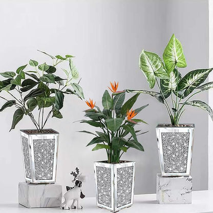 Meetart Crushed Diamond Mirrored Planter, Crystal Silver Glass Decorative Mirror Luxury Flower Pot ，with Drainage Hole and Tray for All House Plants, Succulents, Flowers, and Cactus.
