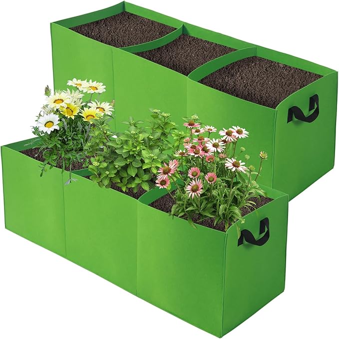 2 Pack Plant Grow Bags, 3 Divided Grids Fabric Raised Planting Bed Rectangle Raised Vegetable Planter Garden Planting Grow Pot Outdoor Planter Box for Vegetables, Flowers, Plants (Green, 120x40x40cm)