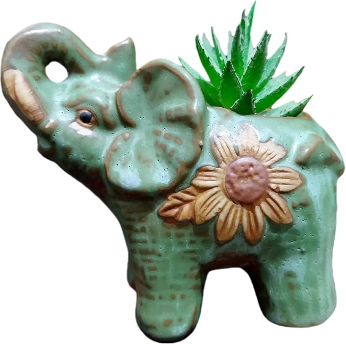 Cute Animal Elephant Shaped Ceramic Succulent Cactus Air Plant Flower Pots Planters-Plant Not Included (Green)