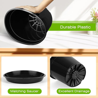 3 Gallon Plastic Pots with Drip Trays, Sturdy Gallon Plant Pots with Drainage Holes, Large Gallon Pots for Flowers, Ideal for Indoor and Outdoor Use (3Gallon-6PACK)