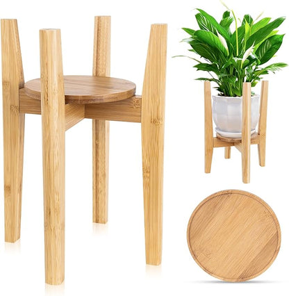 Adjustable Plant Stand with Tray,Indoor Wood Plant Stand Fit 8'' to 12'' Planter,Mid Century Modern Flower Pot Holder Rack(Plant and Pot Not Included)