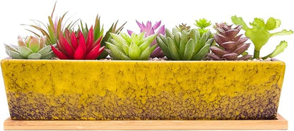 ARTKETTY Succulent Pots - 12.1 Inch Large Succulent Planters Pots with Drainage Tray, Long Rectangle Ceramic Pots for Indoor Cactus/Succulent Plants Shallow Bonsai Window Box for Home Garden Decor