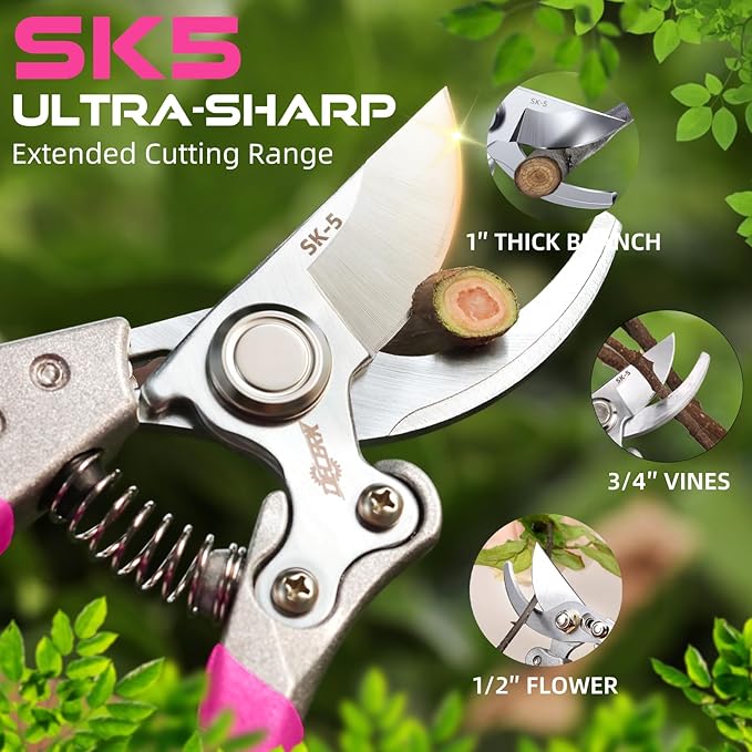 DECERK 8.5" Professional Bypass Pruning Shears – Heavy Duty Garden Scissors & Clippers for Branch Trimming, Ultra Sharp SK5 Blade, Ergonomic Handle, Perfect Gardening Gift for Women, 2025 Pink Tools