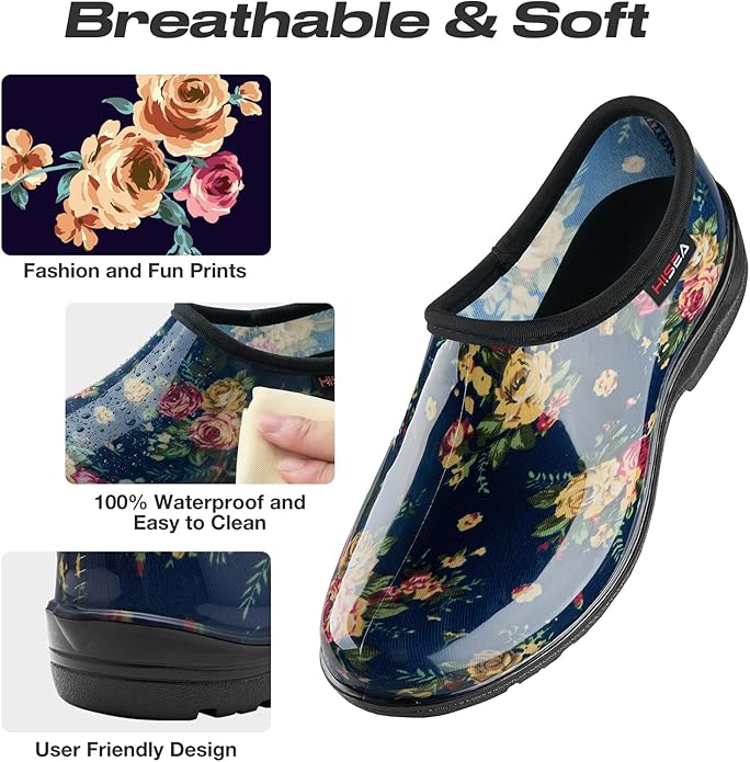 HISEA Waterproof Garden Shoe for Women Outdoor Slip-On Garden Clogs Rubber Rain Boots Short Ankle Booties Rain Shoes with Comfort Insole
