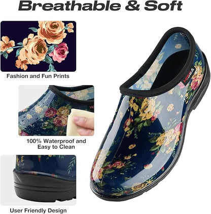 HISEA Waterproof Garden Shoe for Women Outdoor Slip-On Garden Clogs Rubber Rain Boots Short Ankle Booties Rain Shoes with Comfort Insole