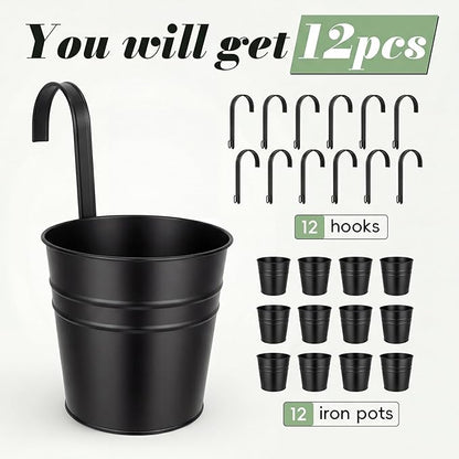 HowRU Hanging Flower Pots, Railing Planter Box for Outdoor Plants 12 Pack 5 Inch Metal Hanging Planters with Detachable Hooks Balcony Window Fence Garden Decoration Flower Boxes (Black)