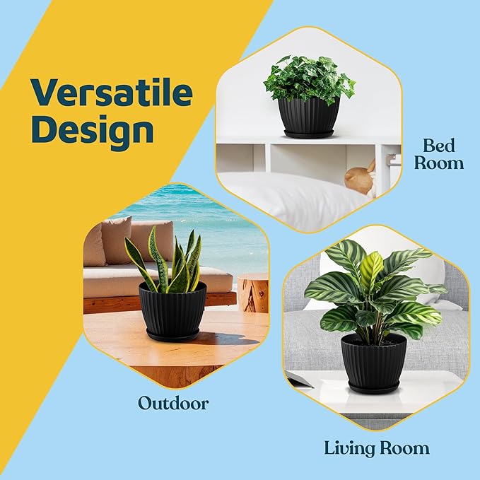Black 6-Inch Plant Pots with Drainage & Saucers 3 Pack, Indoor & Outdoor Planters for Houseplants, Herbs, and Flowers, Durable & Weatherproof Material, Stackable, Lightweight, Minimalist Design