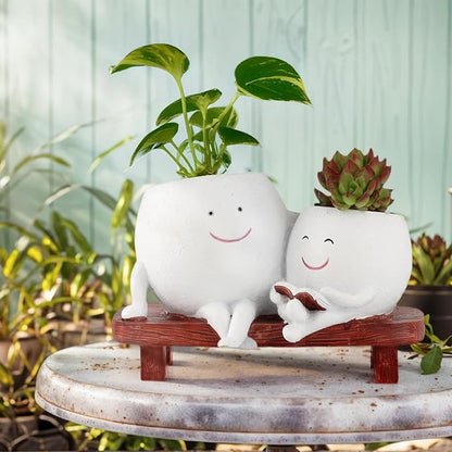 Meltset Cute Face Planter Pot - Funny Double Head Planter Sitting on Bench, Smiley Succulent Pot with Drainage Indoor and Outdoor, Unique Gift for Plant Lovers(White)