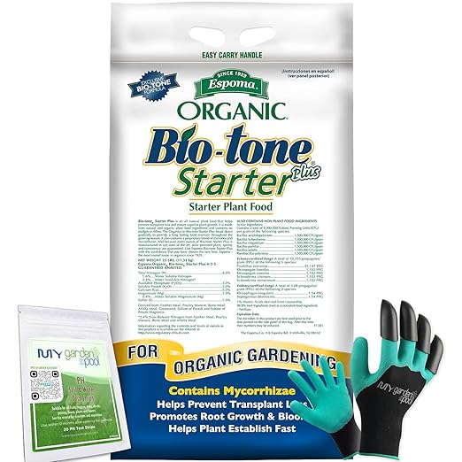 Espoma Bio-Tone Starter Plus 25 lb Natural & Organic Plant Food – Enhanced with Beneficial Microbes & Mycorrhizae, Complete Gardening Kit with My Garden Pool Soil pH Test Strips and Claw Gloves