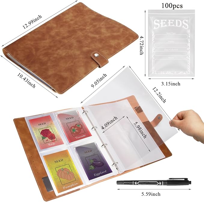 Garden Seed Storage Organizer Binder: 100 Resealable Envelopes + 25 Sheet 100 Pockets Protectors | Durable Organizer for Seed Packets, Saving & Planting - Brown