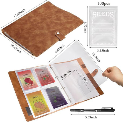 Garden Seed Storage Organizer Binder: 100 Resealable Envelopes + 25 Sheet 100 Pockets Protectors | Durable Organizer for Seed Packets, Saving & Planting - Brown