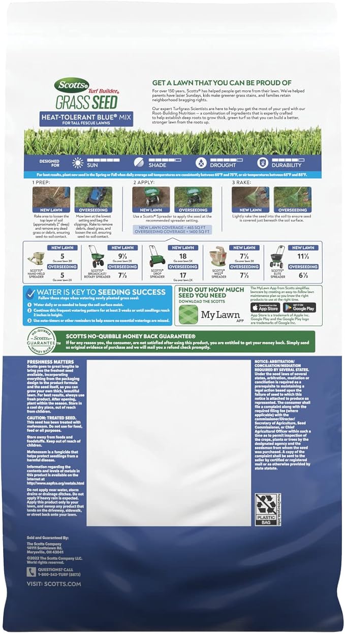 Scotts Turf Builder Grass Seed Heat-Tolerant Blue Mix for Tall Fescue Lawns with Fertilizer and Soil Improver, 5.6 lbs.