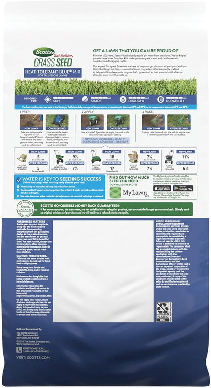 Scotts Turf Builder Grass Seed Heat-Tolerant Blue Mix for Tall Fescue Lawns with Fertilizer and Soil Improver, 5.6 lbs.