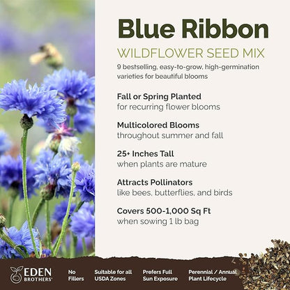 Eden Brothers Blue Ribbon Flower Mixed Seeds for Planting, 1 lb, 480,000+ Seeds with Blue Bell, Cornflower Blue, Chicory | Attracts Pollinators, Plant in Spring or Fall, Zones 3, 4, 5, 6, 7, 8, 9, 10